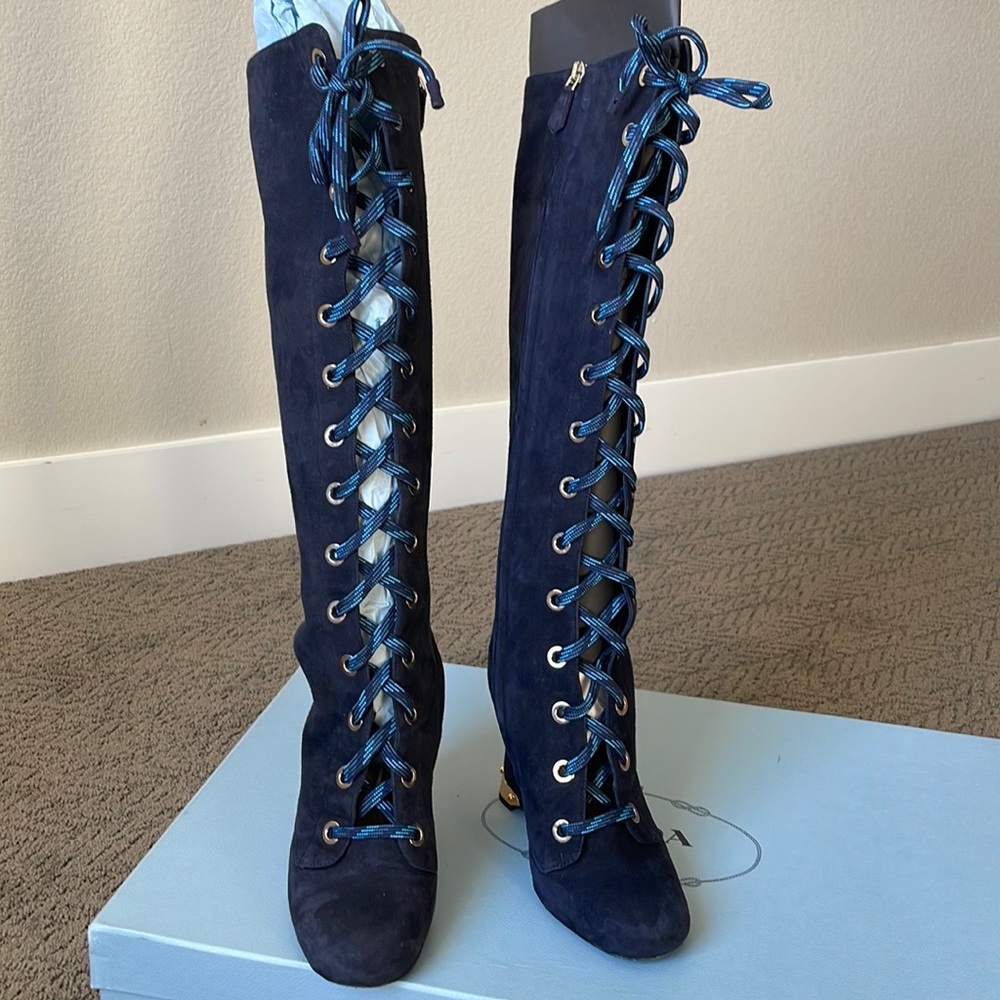 PRADA DARK BLUE LACED KNEW OPEN HEEL BOOTS SIZE 6.5 (36.5 Italian size) - Picture 1 of 17